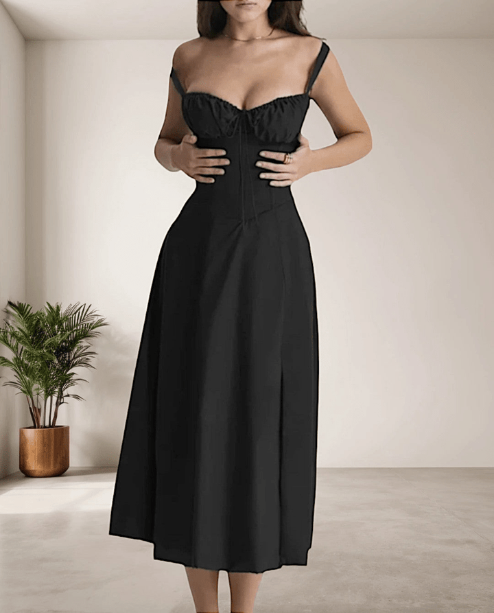 Levoire | Robe Midi Femme avec Fines Bretelles en Spaghetti & Cordon de Serrage Confortable & Tendance Noir
