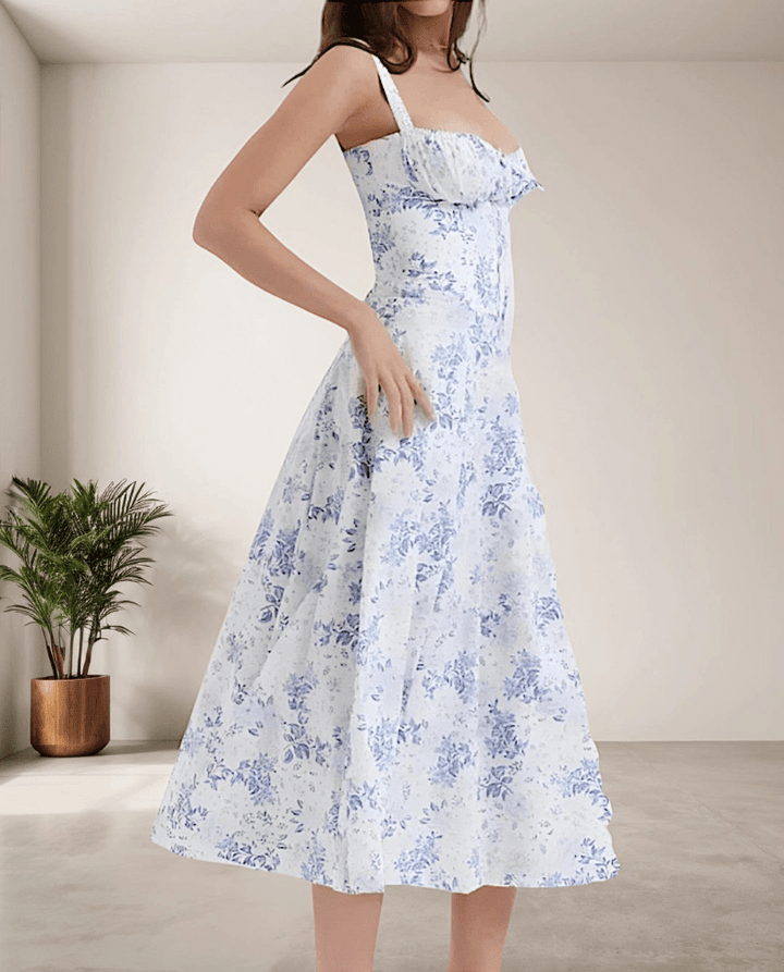 Levoire | Robe Midi Femme avec Fines Bretelles en Spaghetti & Cordon de Serrage Confortable & Tendance Bleu