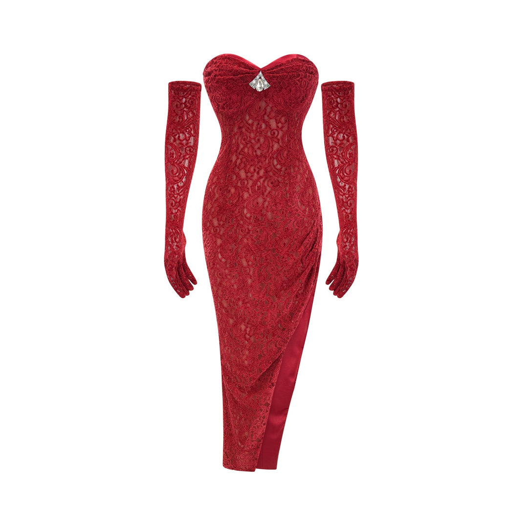 Levoire | Robe Midi Rouge Garnie (Avec Gants)