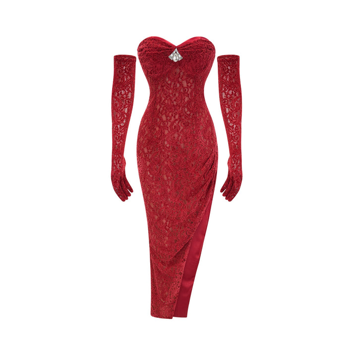 Levoire | Robe Midi Rouge Garnie (Avec Gants)