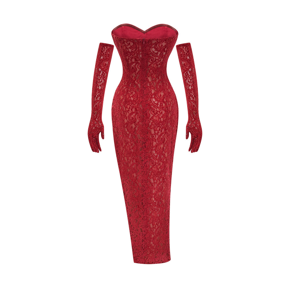 Levoire | Robe Midi Rouge Garnie (Avec Gants)