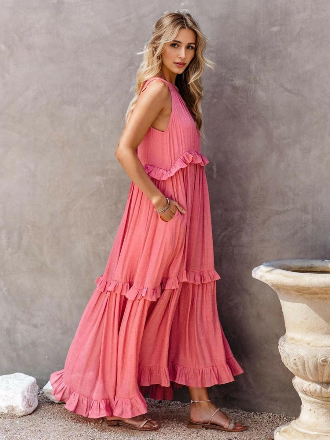Levoire | Robe Maxi Froncée À Volants Sans Bretelles Avec Poches