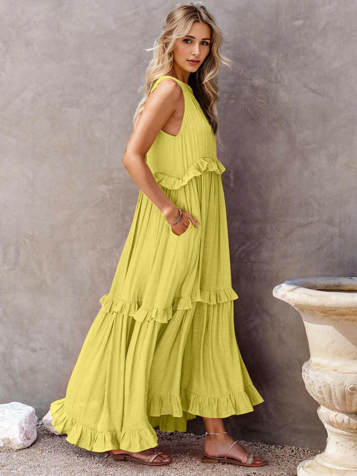 Levoire | Robe Maxi Froncée À Volants Sans Bretelles Avec Poches Chartreuse