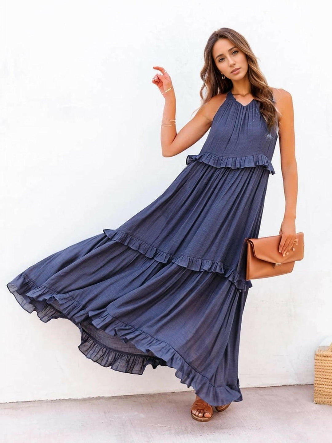 Levoire | Robe Maxi Froncée À Volants Sans Bretelles Avec Poches Bleu foncé