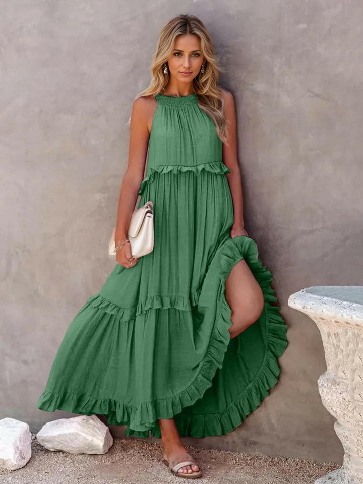 Levoire | Robe Maxi Froncée À Volants Sans Bretelles Avec Poches Vert foncé