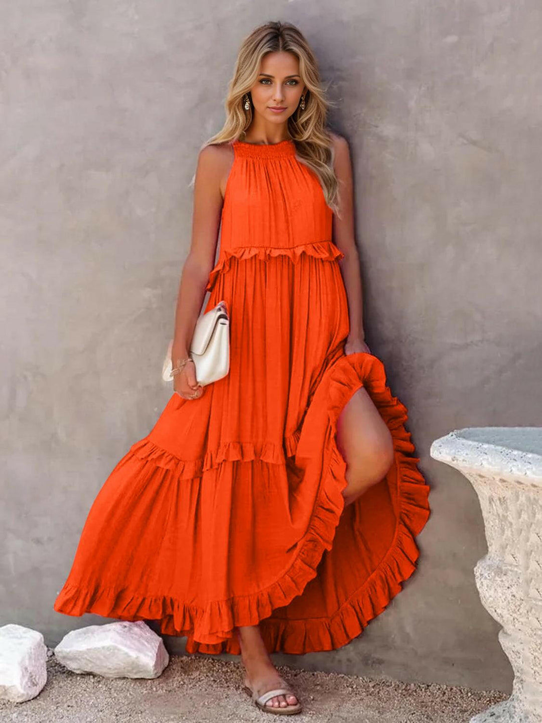 Levoire | Robe Maxi Froncée À Volants Sans Bretelles Avec Poches Orange-Rouge