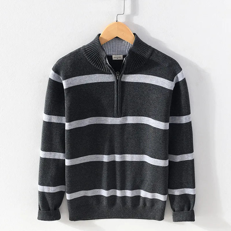 Levoire | Confortable Manches Longues Mi-Longue Zip Rayé Tricoté Gris foncé
