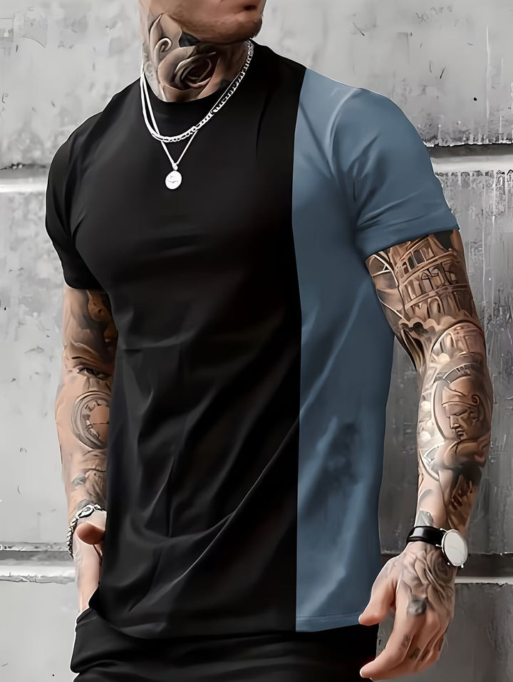 Levoire | T-Shirt Pour Hommes Avec Patchwork En Couleurs Contrastées Et Impression Noir bleu