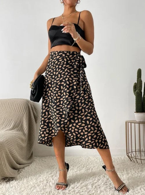 Levoire | Boho Décontracté Imprimé Jupe Portefeuille Élégante Jupe Asymétrique Longueur Genou Taille Haute