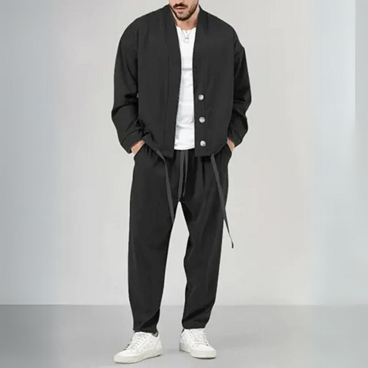 Levoire | Veste En Tricot À Boutons Et Pantalon À Cordons Pour Hommes Noir