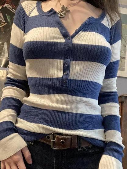 Levoire | Top Boutonné Rayé Bleu En Tricot Côtelé