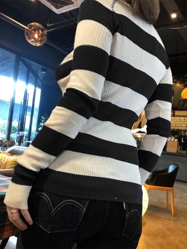 Levoire | Top Boutonné Rayé Bleu En Tricot Côtelé