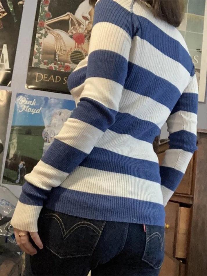 Levoire | Top Boutonné Rayé Bleu En Tricot Côtelé