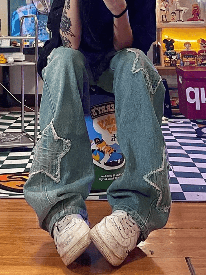 Levoire | Jean Boyfriend À Patches D'Étoiles Délavé Bleu