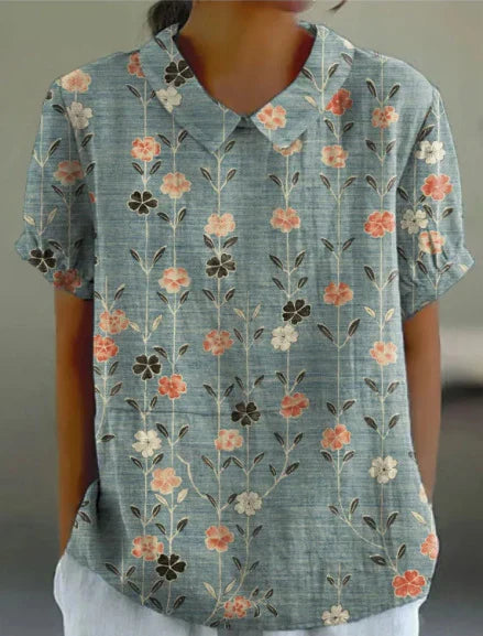 Levoire | Chemise En Coton Lin Avec Motif Floral Pastoral Bleu