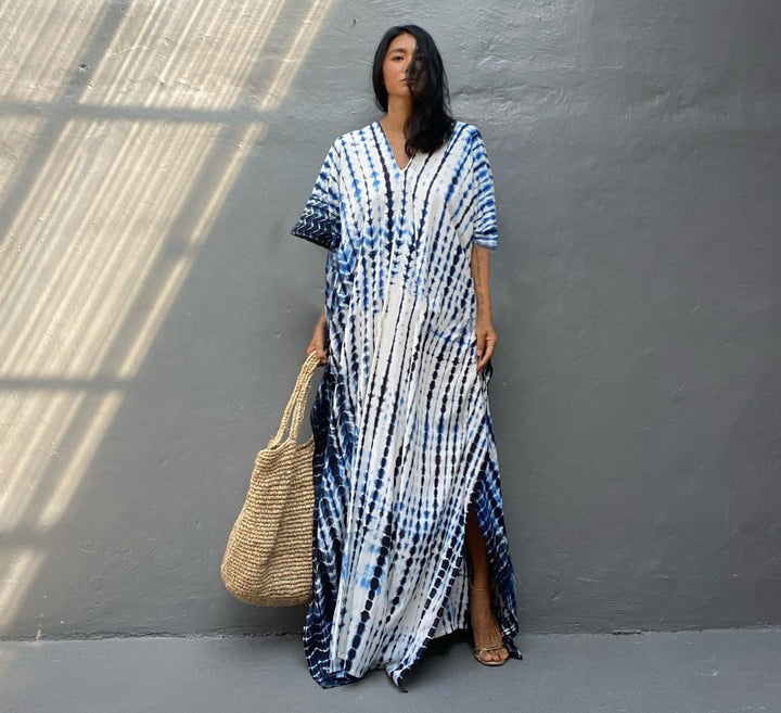 Levoire | Pour Femmes Long, Coupe Lâche - V-Cou Tie-Dye Style Bohème Bleu blanc Une taille
