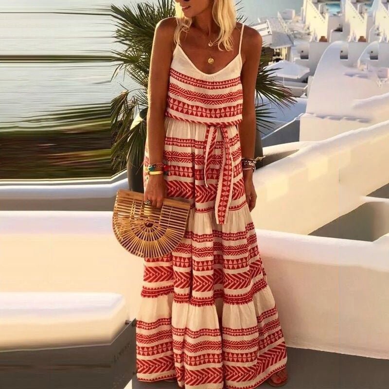 Levoire | Style bohème profonde robe de plage à imprimé décolleté en V Rot