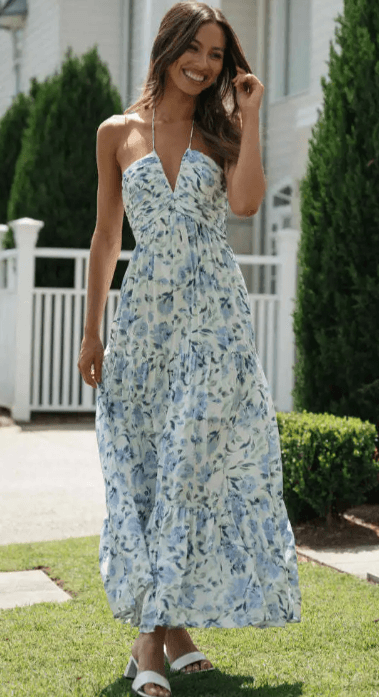 Levoire | Robe Halter En Chiffon Bohème Pour L'Été Fleurs bleues