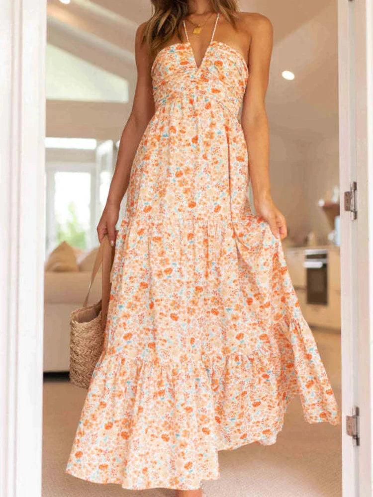 Levoire | Robe Halter En Chiffon Bohème Pour L'Été Fleurie Orange