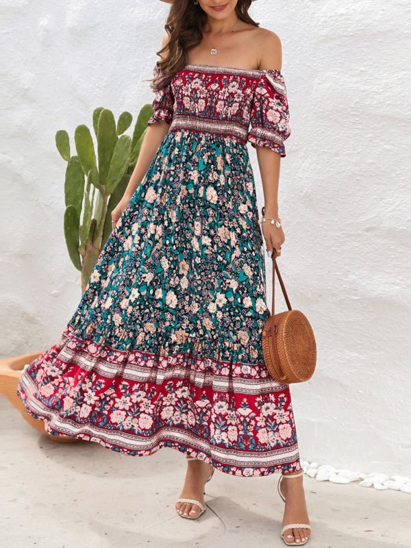 Levoire | Robe de Plage Boho Off-Shoulder à Manches Bouffantes Fleurie Midi Vert