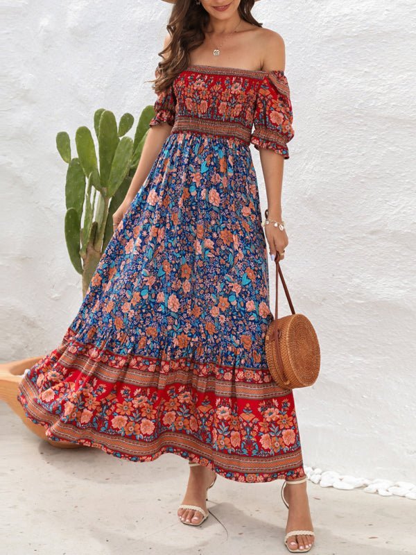 Levoire | Robe de Plage Boho Off-Shoulder à Manches Bouffantes Fleurie Midi