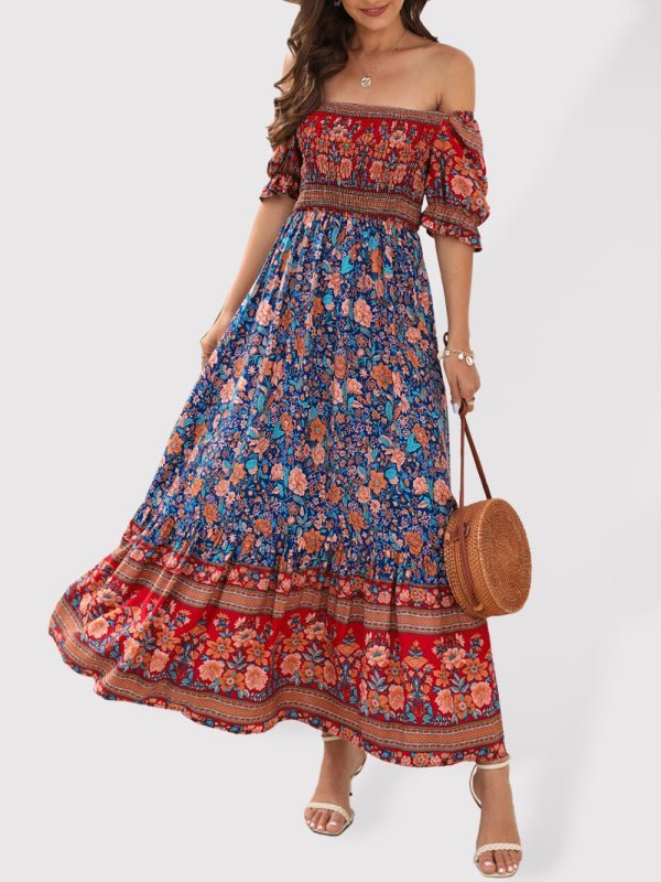 Levoire | Robe de Plage Boho Off-Shoulder à Manches Bouffantes Fleurie Midi Bleu