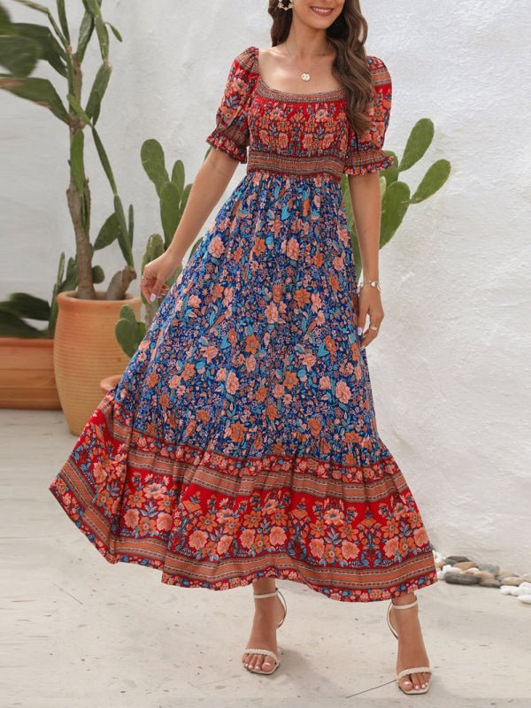 Levoire | Robe de Plage Boho Off-Shoulder à Manches Bouffantes Fleurie Midi