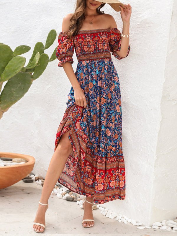 Levoire | Robe de Plage Boho Off-Shoulder à Manches Bouffantes Fleurie Midi