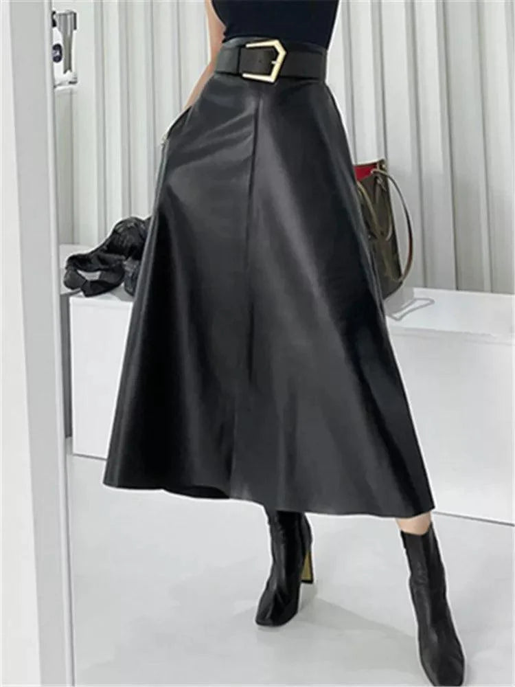 Levoire | Boho Chic Cuir Synthétique Jupe A-Ligne Taille Empire Longueur Midi Noir Une taille