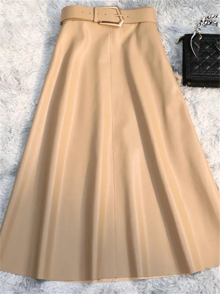 Levoire | Boho Chic Cuir Synthétique Jupe A-Ligne Taille Empire Longueur Midi Khaki Une taille