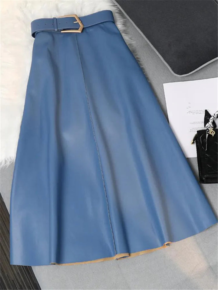 Levoire | Boho Chic Cuir Synthétique Jupe A-Ligne Taille Empire Longueur Midi