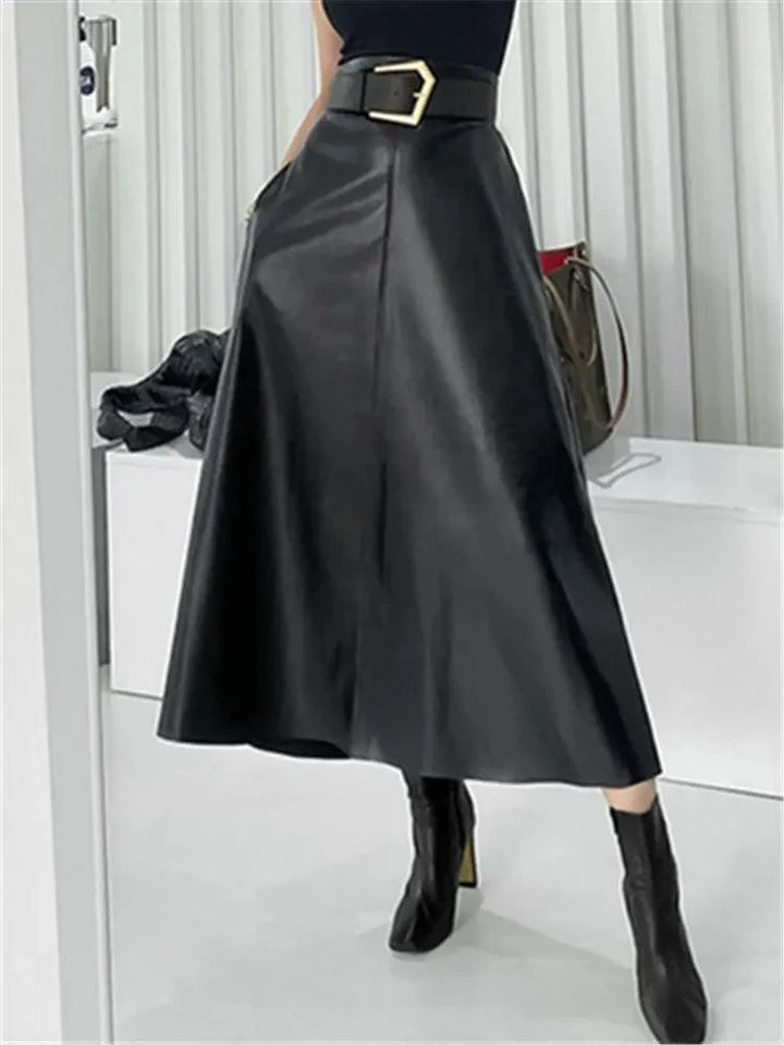 Levoire | Boho Chic Cuir Synthétique Jupe A-Ligne Taille Empire Longueur Midi