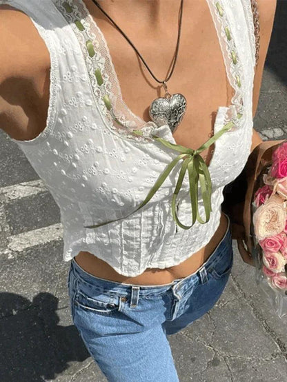 Levoire | Broderie Dentelle Blanc Débardeur Court