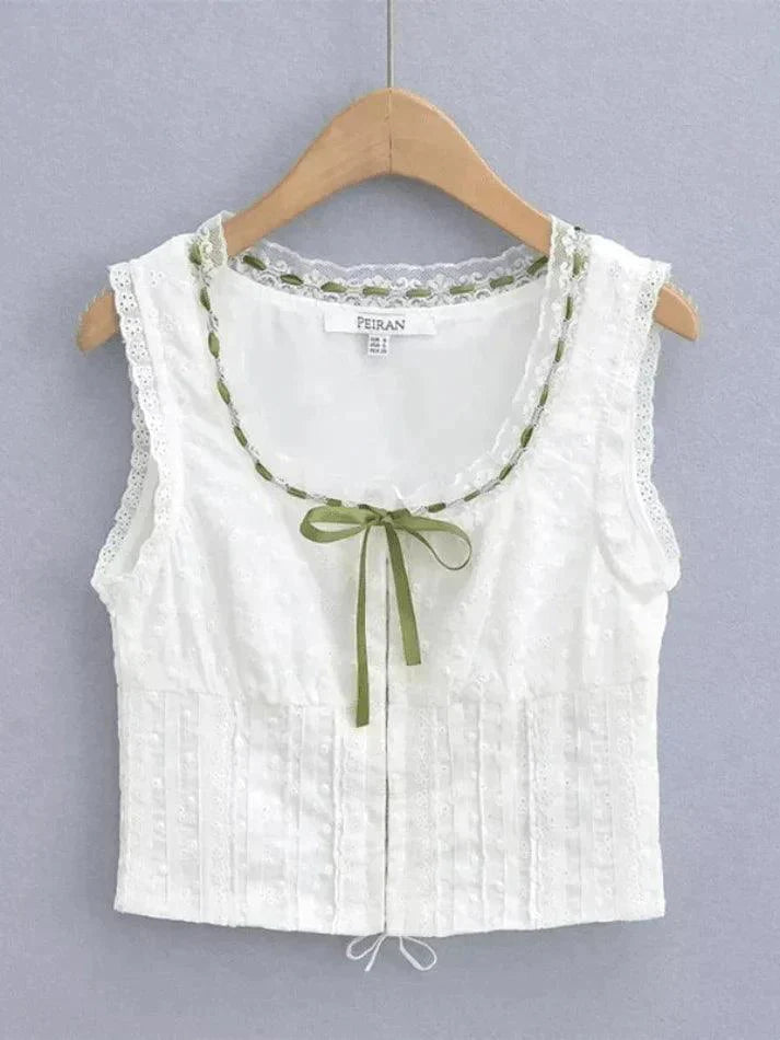Levoire | Broderie Dentelle Blanc Débardeur Court