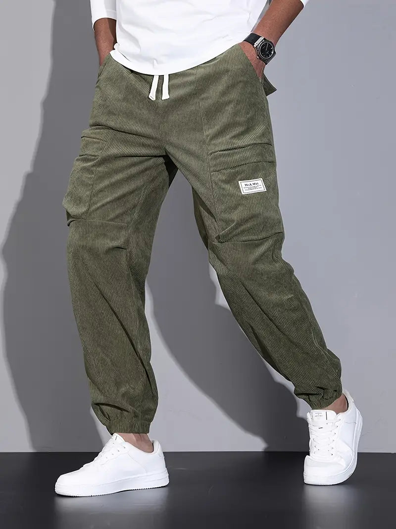 Levoire | Pantalon Cargo Pour Homme En Velours Côtelé, Confortable, Pantalon De Jogging Avec Poches Dans Un Style Streetwear Vert armée