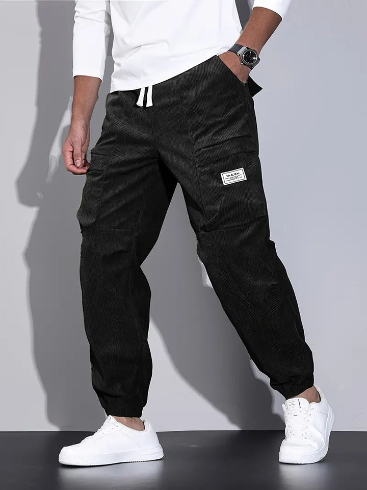 Levoire | Pantalon Cargo Pour Homme En Velours Côtelé, Confortable, Pantalon De Jogging Avec Poches Dans Un Style Streetwear Noir