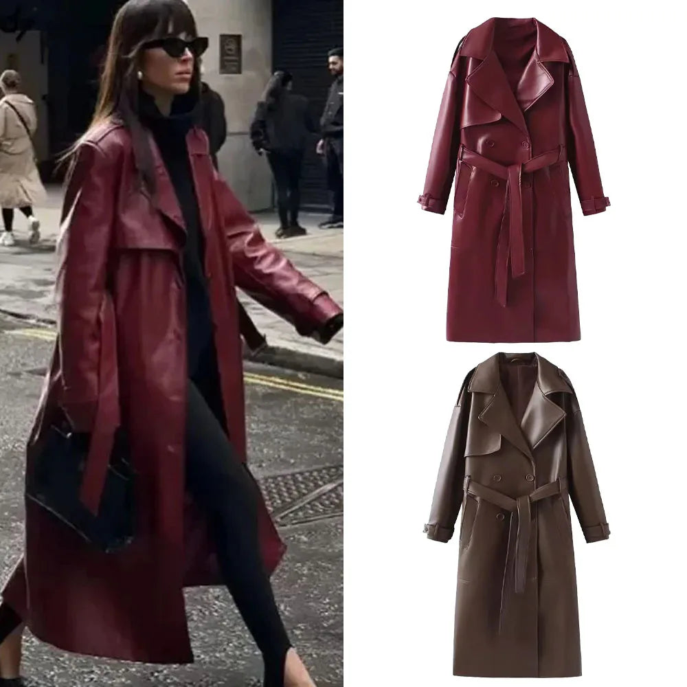 Levoire | Bordeaux-Rouge Manteau En Simili Cuir Pour Femmes