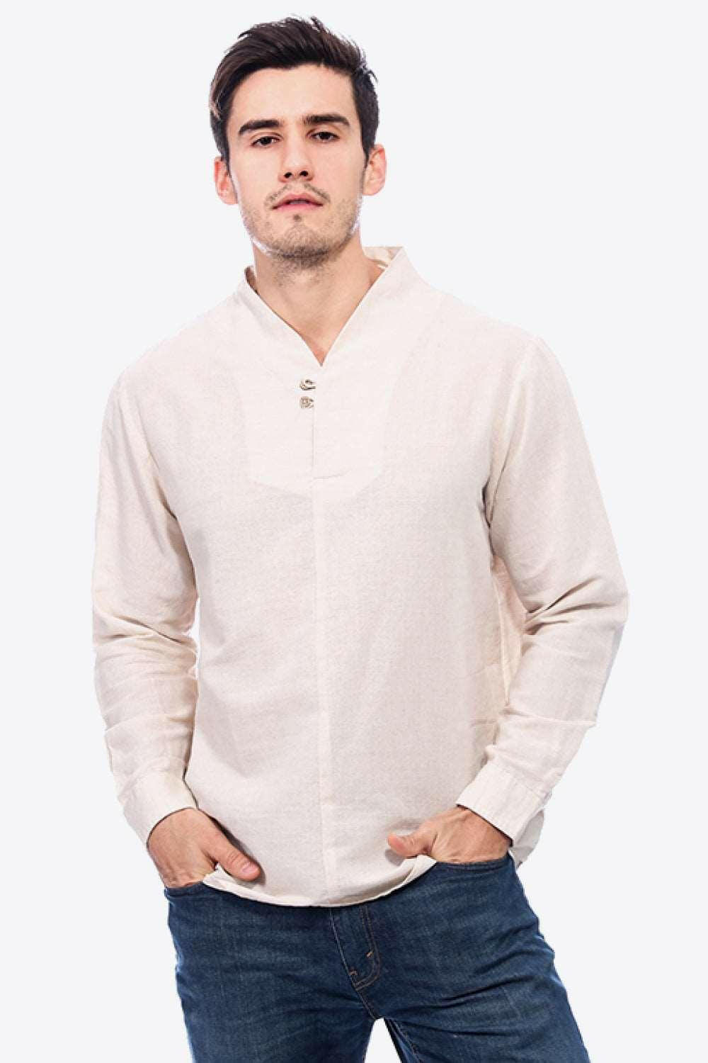 Levoire | Boutons T-Shirt En Lin À Décolleté En V Avec Manches Longues Coquille d'œuf