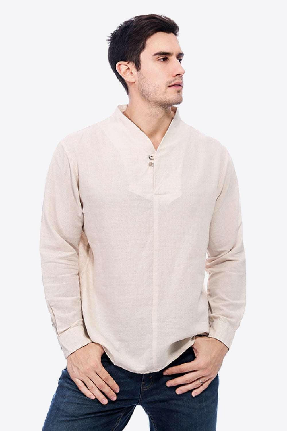 Levoire | Boutons T-Shirt En Lin À Décolleté En V Avec Manches Longues