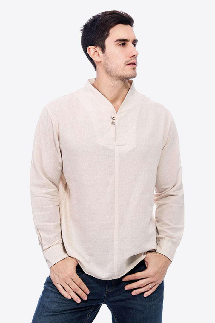 Levoire | Boutons T-Shirt En Lin À Décolleté En V Avec Manches Longues