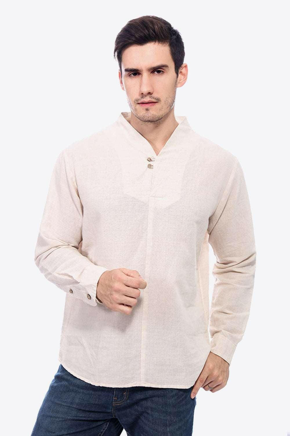 Levoire | Boutons T-Shirt En Lin À Décolleté En V Avec Manches Longues