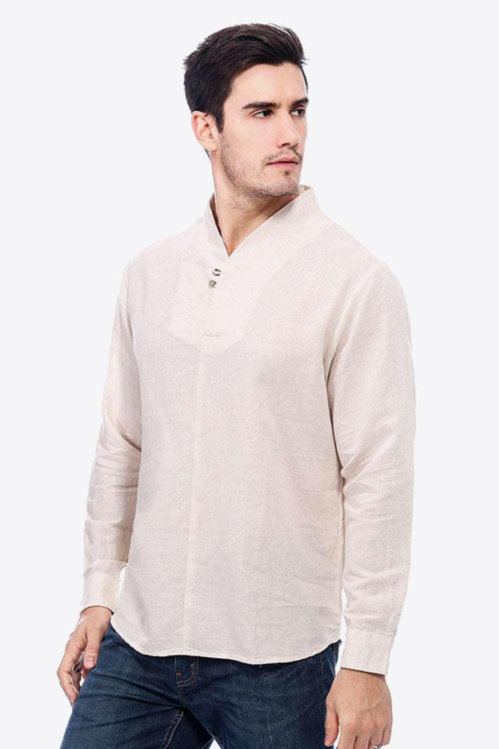Levoire | Boutons T-Shirt En Lin À Décolleté En V Avec Manches Longues