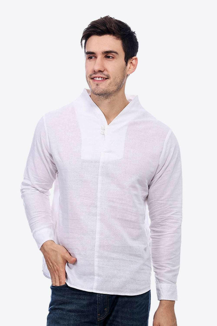 Levoire | Boutons T-Shirt En Lin À Décolleté En V Avec Manches Longues Blanc