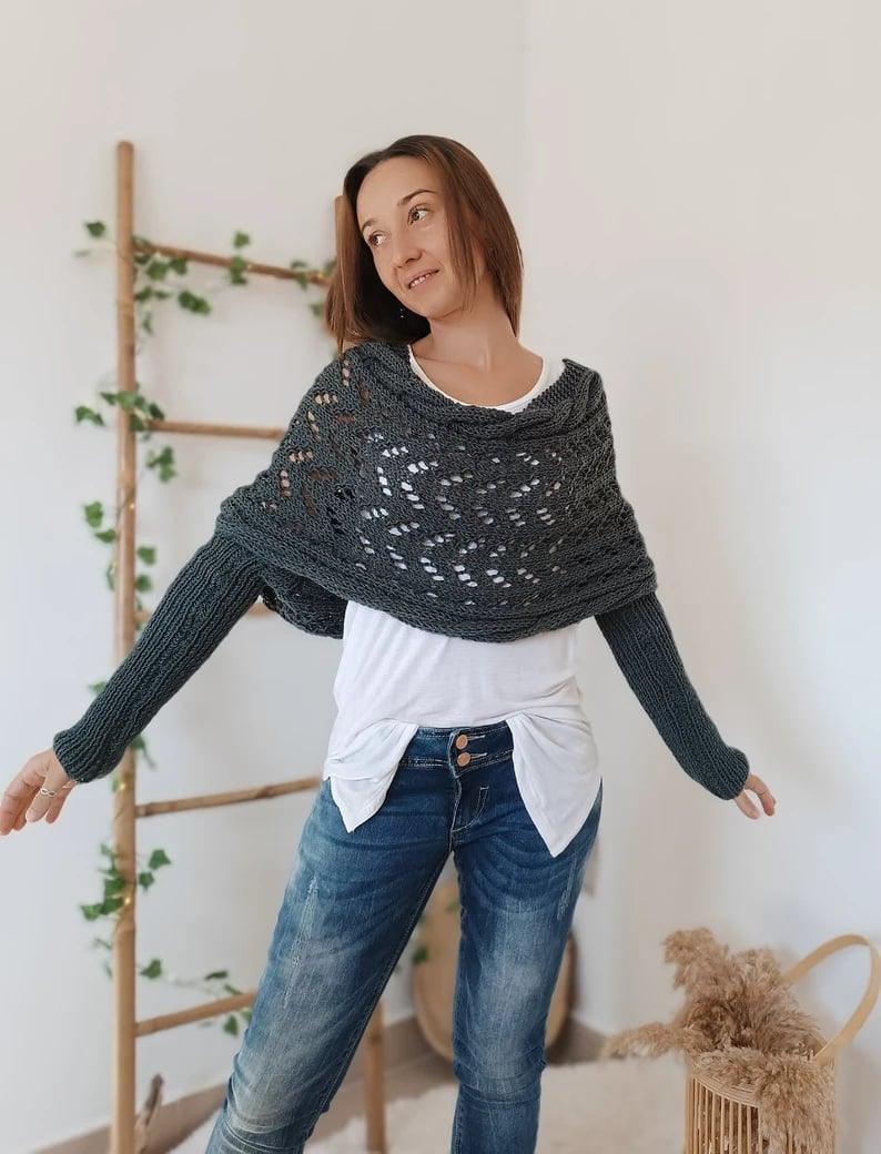 Levoire | Manteau En Tricot Chaud À Épaule Pour Femmes Gris foncé