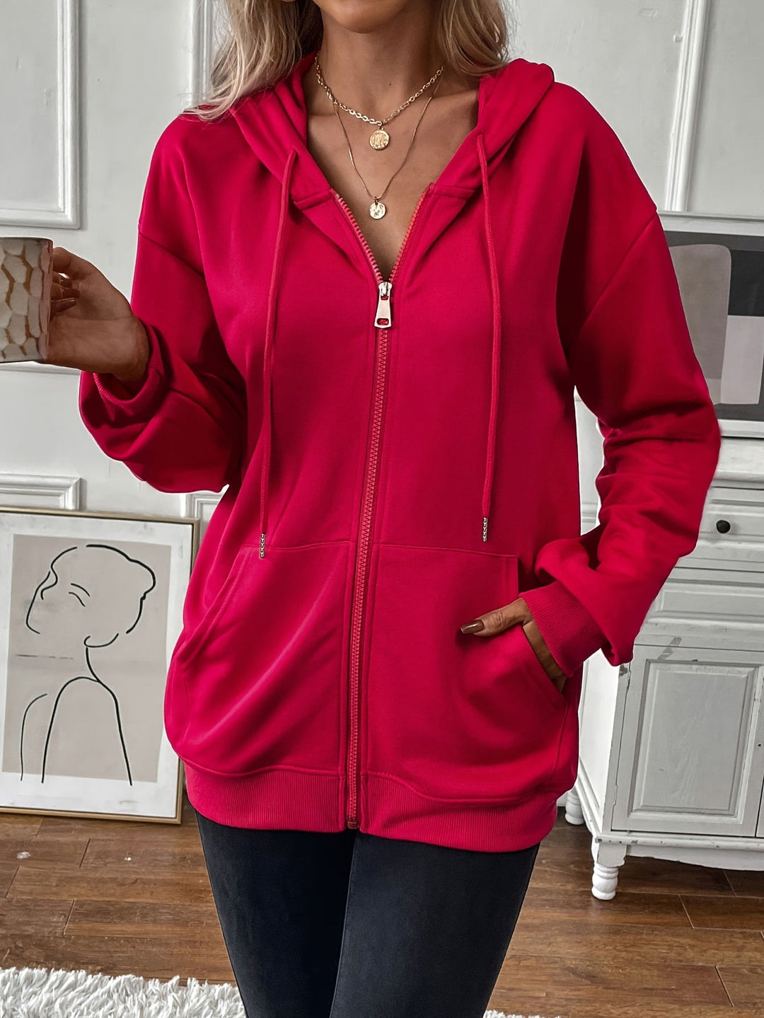 Levoire | Veste À Capuche Durable Avec Fermeture Éclair, Veste Longue À Manches Longues Avec Poches Rot