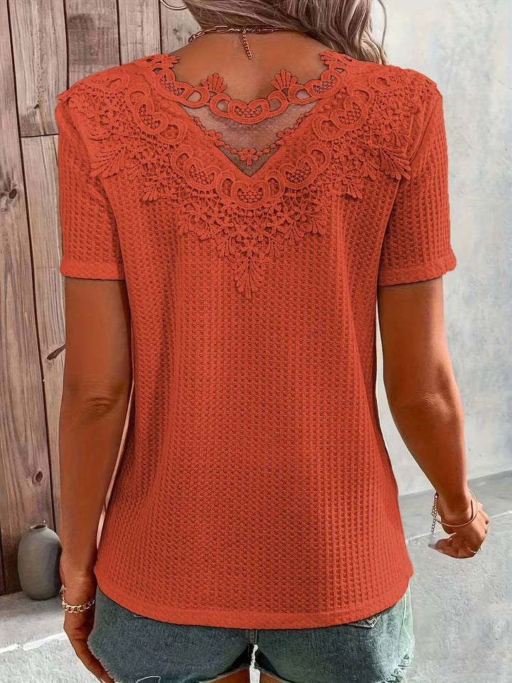 Levoire | T-Shirt À Col Rond En Dentelle Contrastante Orange Rouge