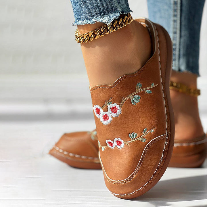 Levoire | Mules Weinlese À Semelle En Liège Et Fleurs Brodées Pour Femmes Braun