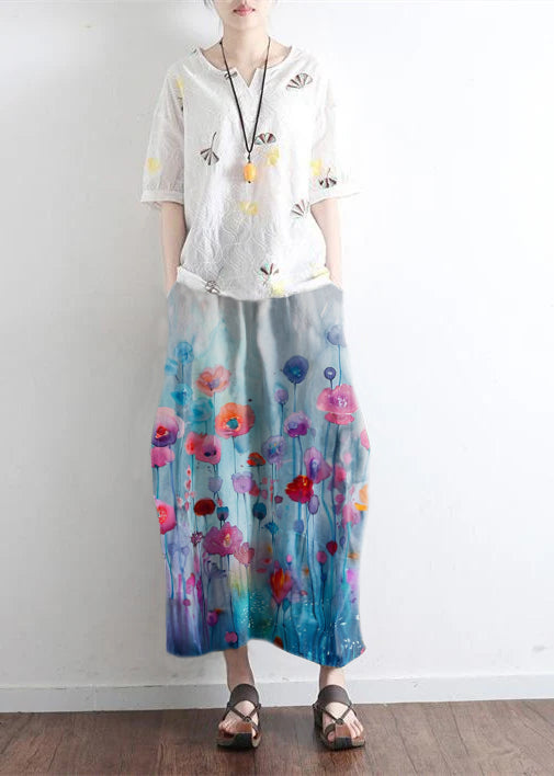 Levoire | Jupe Maxi Longue Verte Simple En Lin Avec Poches Fleurs bleues