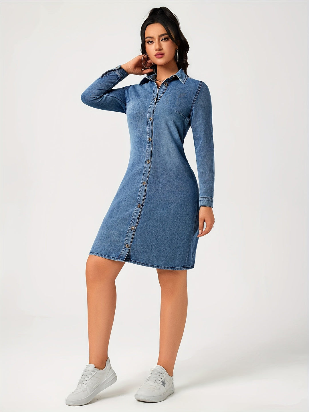 Levoire | Robe En Denim Bleu Simple À Manches Longues