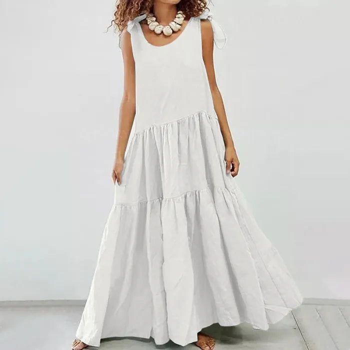Levoire | Robe longue à volants décontractée avec gilet à lacets de couleur unie Blanc
